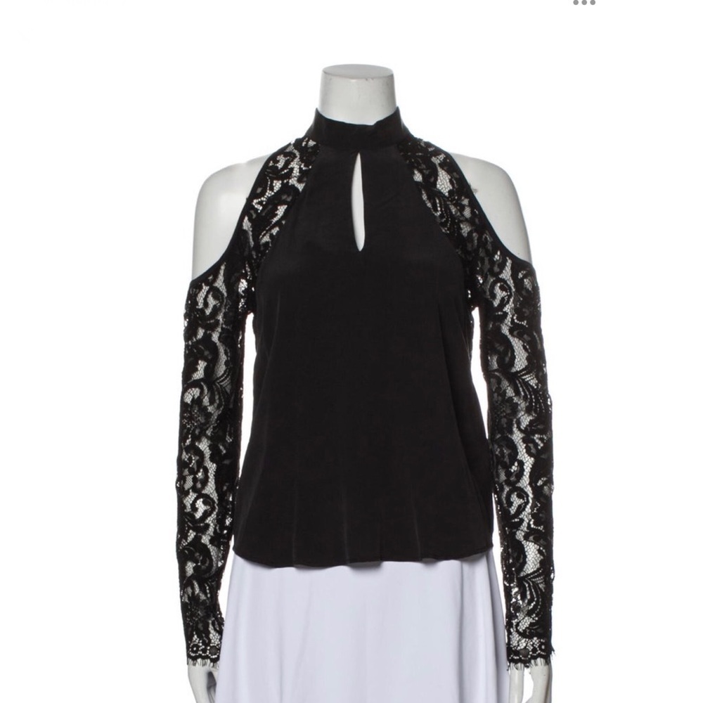 Nicole MILLER ARTELIER black cold shoulder silk & lace top size Small EUC